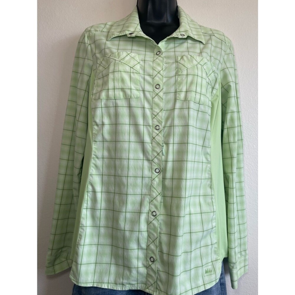 REI Women’s Long Sleeve Hiking Shirt Green Plaid Snap Front - Large - Picture 2 of 12